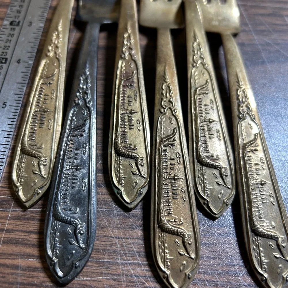 Vintage Brass Flatware Dragon Viking Ship Design Set of 6 Cocktail Shrimp Forks
